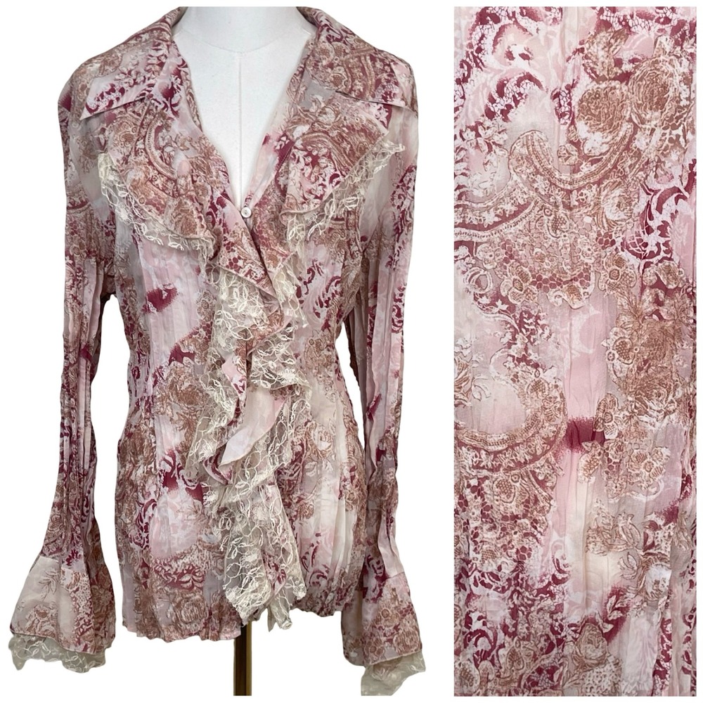 Vintage Notations Paisley Ruffle Blouse Women XL Pink Lace Trim Flare Sleeve Y2K